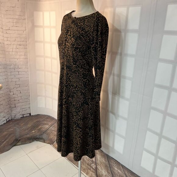 Lands End Brown Black Abstract Slip On Long Sleeve Business Casual Dress Small - Picture 3 of 9